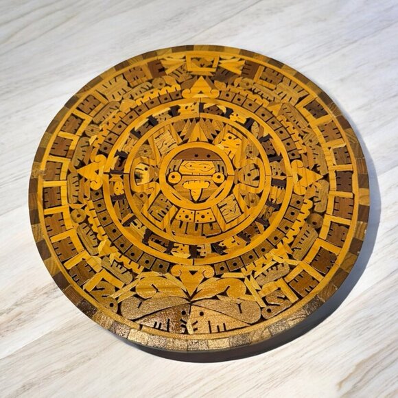 Vintage Handcrafted Wooden Mexican Aztec Calendar Inlay Mosaic Wall Decor - Picture 1 of 4